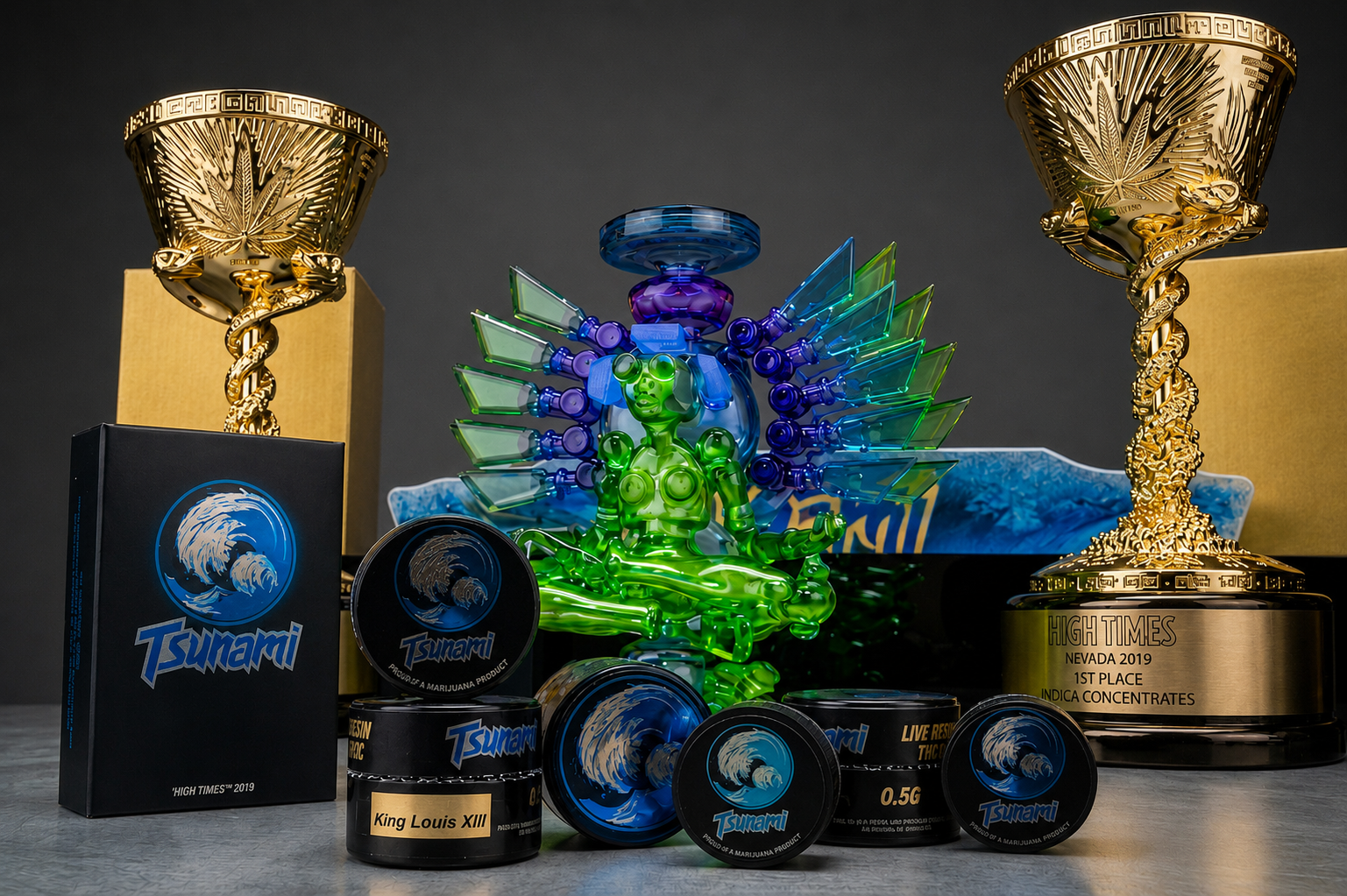 Tsunami trophies and Banjo glass