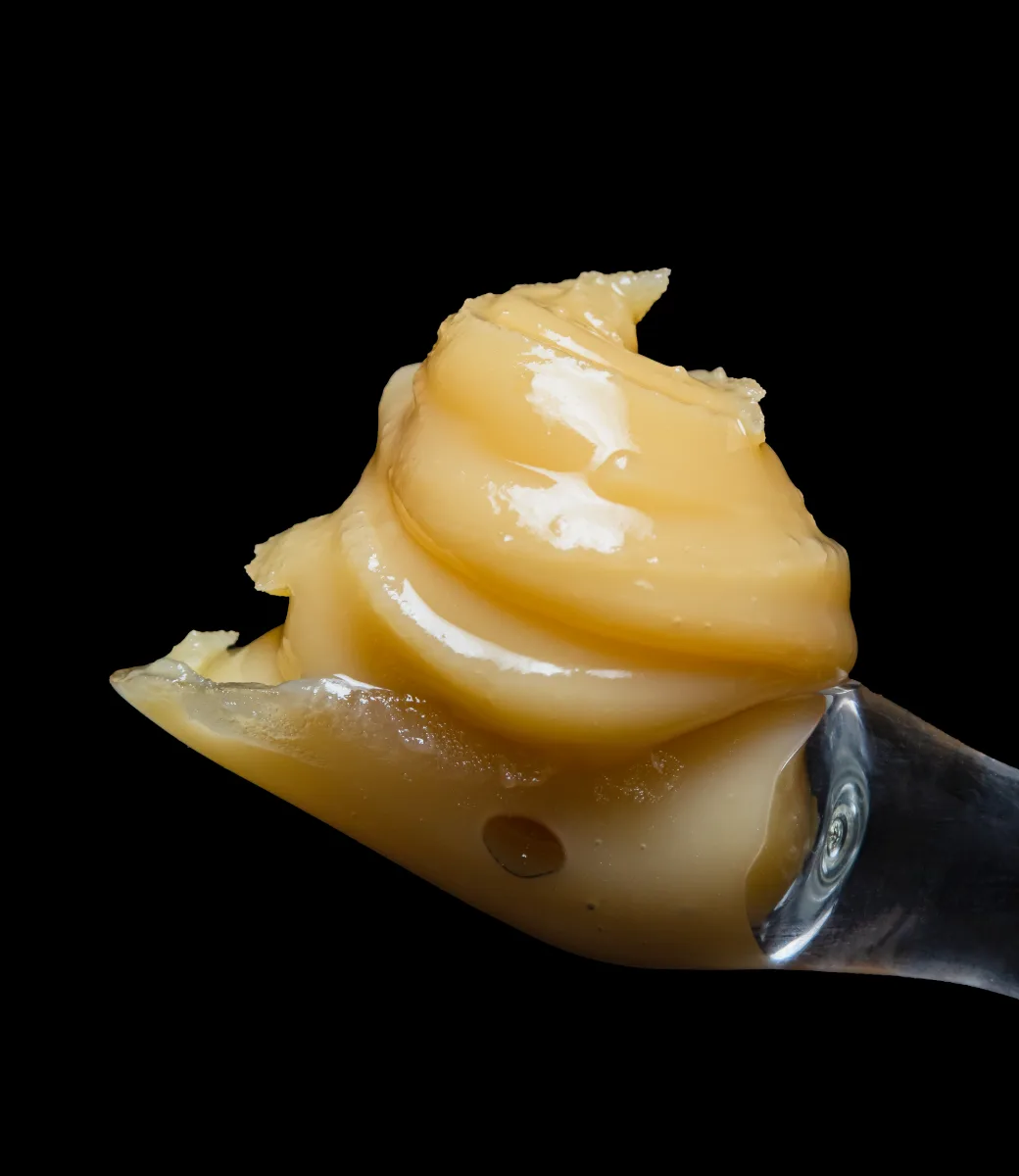 Tsunami live resin badder concentrate, golden and glossy, on a black background