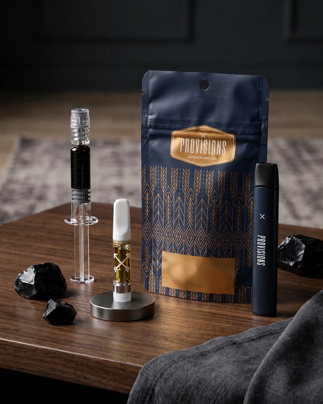 Provisions live resin cart and disposable with a branded Provisions pouch on a wooden table