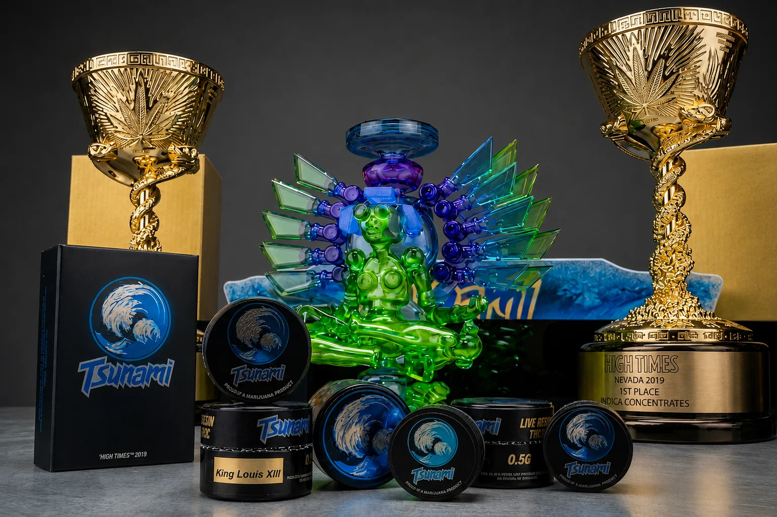 Tsunami trophies and Banjo glass